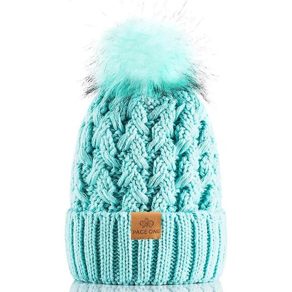Women’s Mint Winter Ribbed Beanie Hat Chunky Cable Knit Pompom Warm main image 4